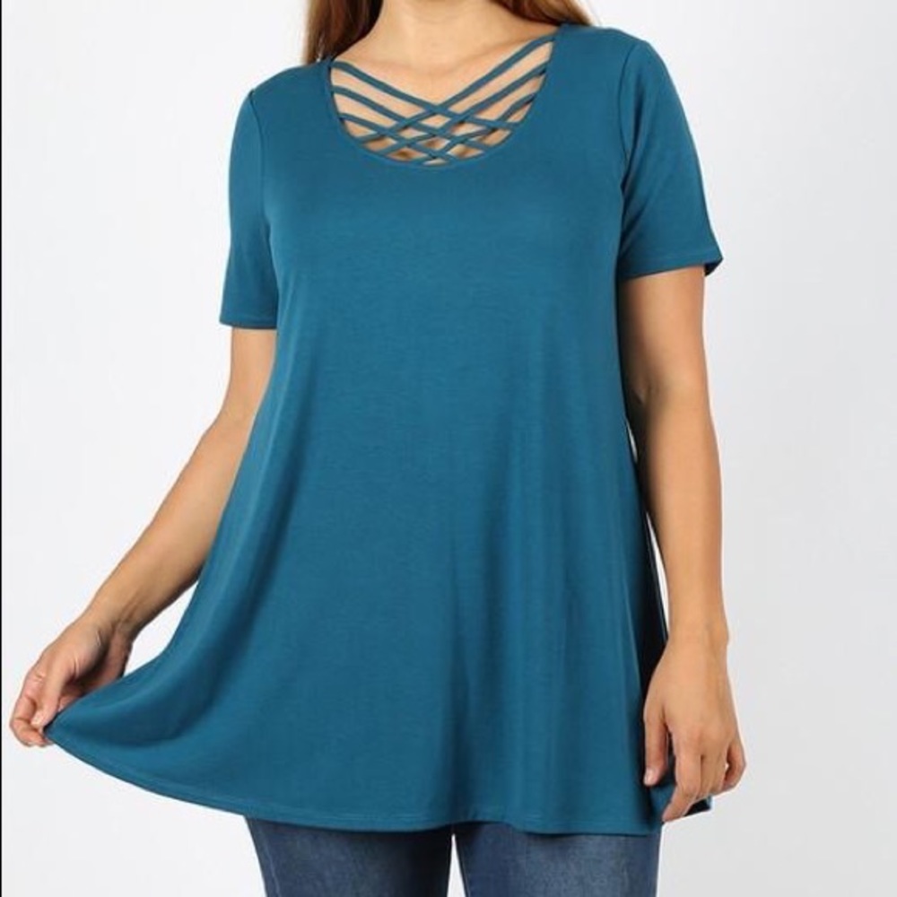 Zenana Teal Triple Cross Top